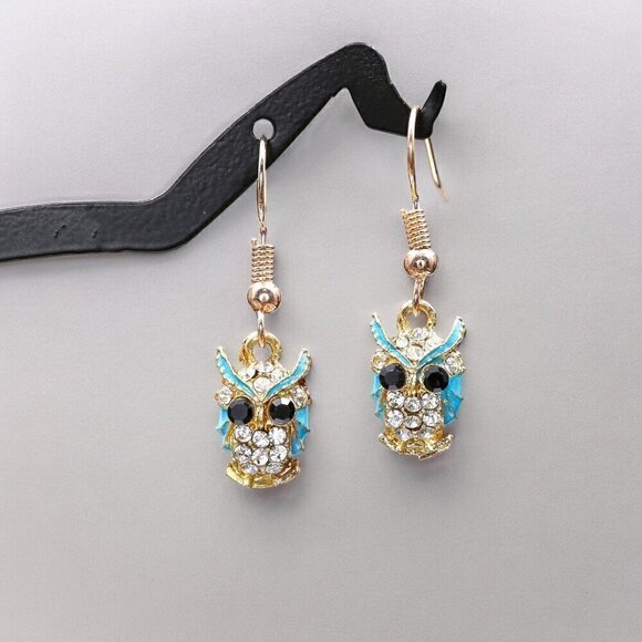 Gold Rhinestone Owl Drop Earrings - Picture 5 of 5